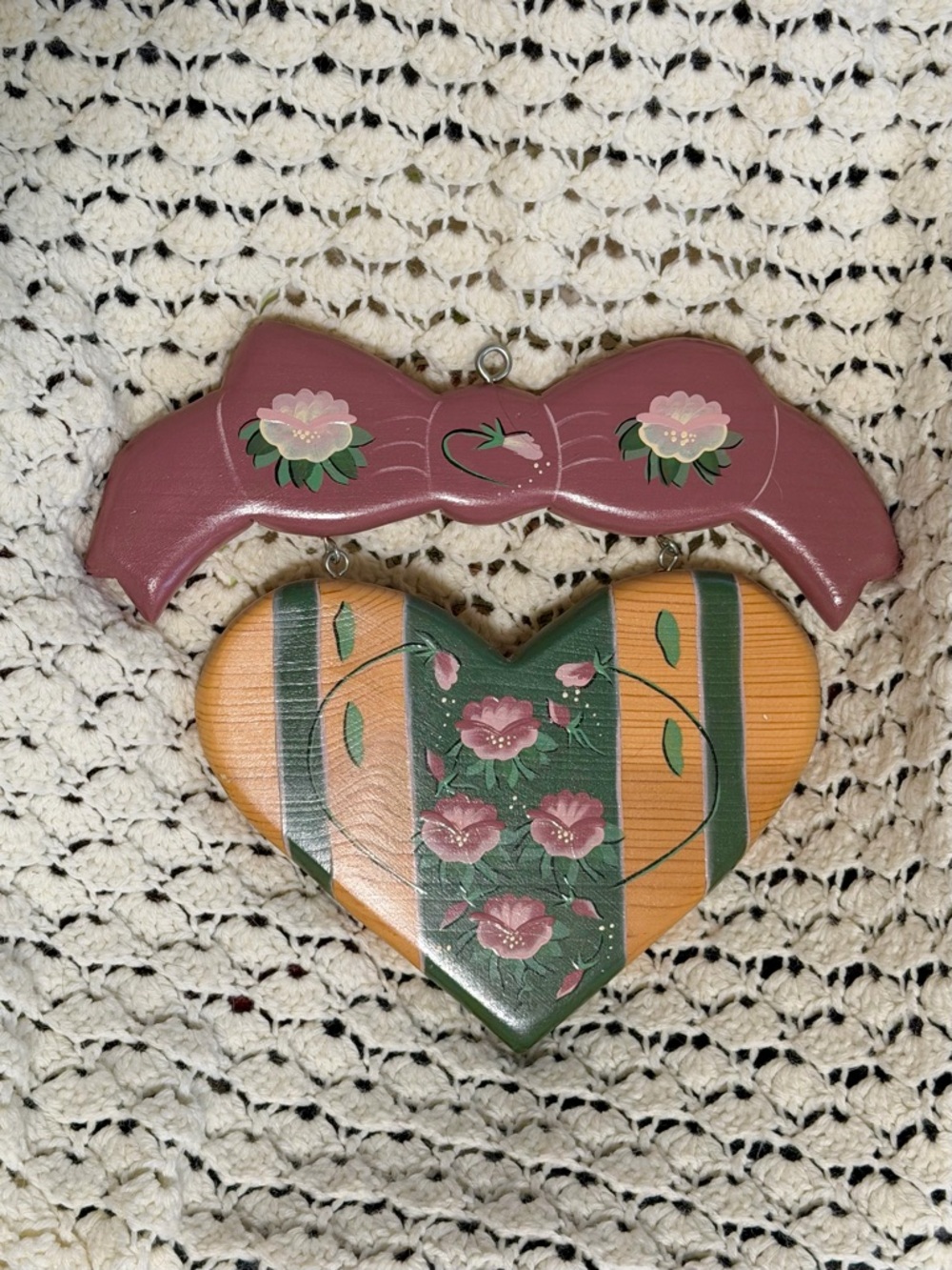 Hand-Painted Wood Heart Wall Decor in Pink and Green